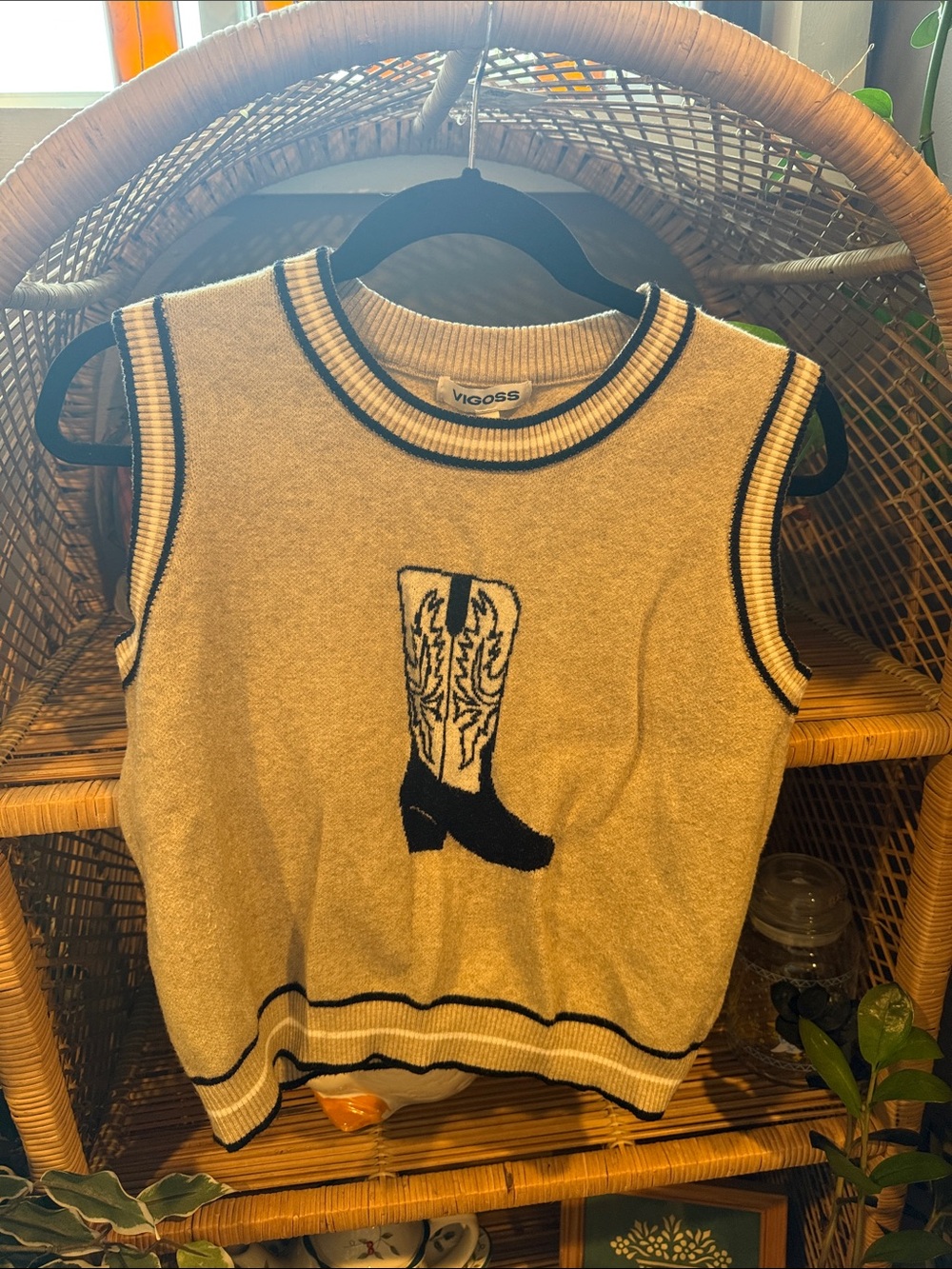 Vigoss Cream Sweater Vest with Black Boot Motif